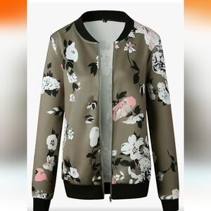 Women's Casual Floral Zip Up Bomber Lightweight Jacket Coat with Pockets